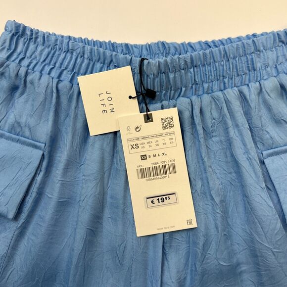 Zara Satin Effect Cargo Short Womens XS Extra Small Crinkle Blue Faux Fly Pocket - Picture 5 of 13